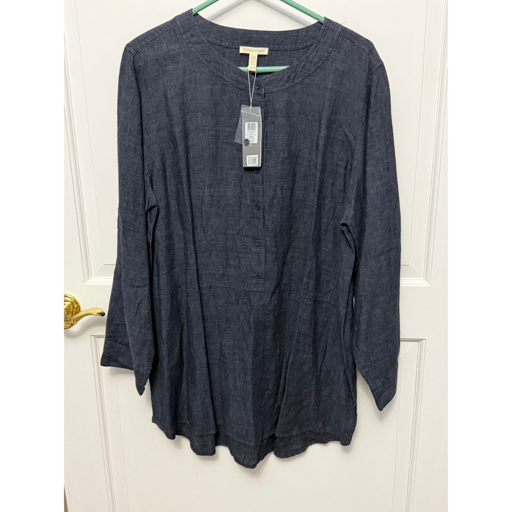 Eileen Fisher Linen Tunic Womens XL Dark Blue Denim Wash Long Sleeve Top NEW